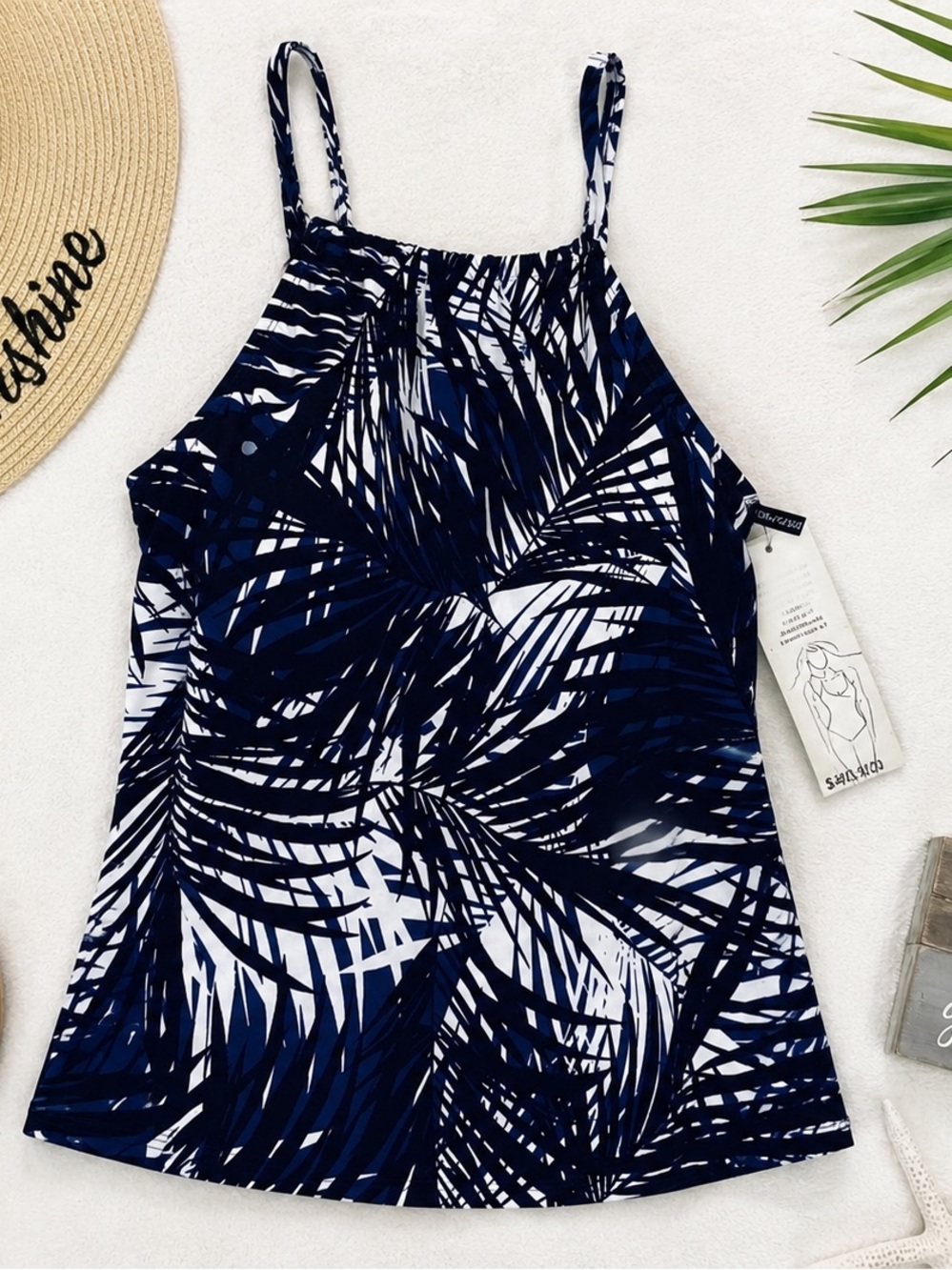Dreamsuit Miracle Brands Tankini Top Navy White Palm Leaf Halter Swimwear NWT